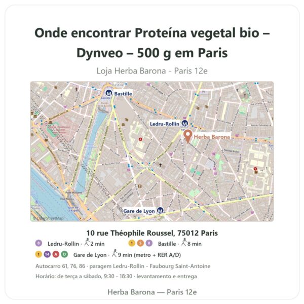 Onde encontrar Proteína vegetal bio – Dynveo – 500 g em Paris - mapa da loja Herba Barona Paris 12e