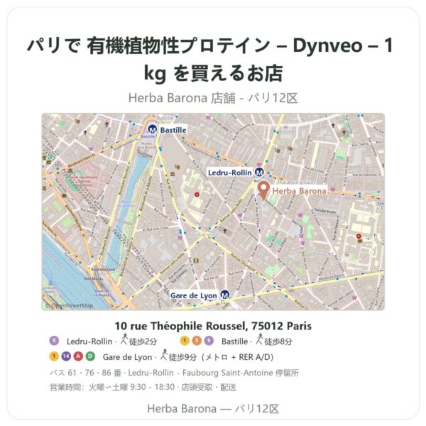 Where to find 有機植物性プロテイン – Dynveo – 1 kg in Paris - store map Herba Barona Paris 12e