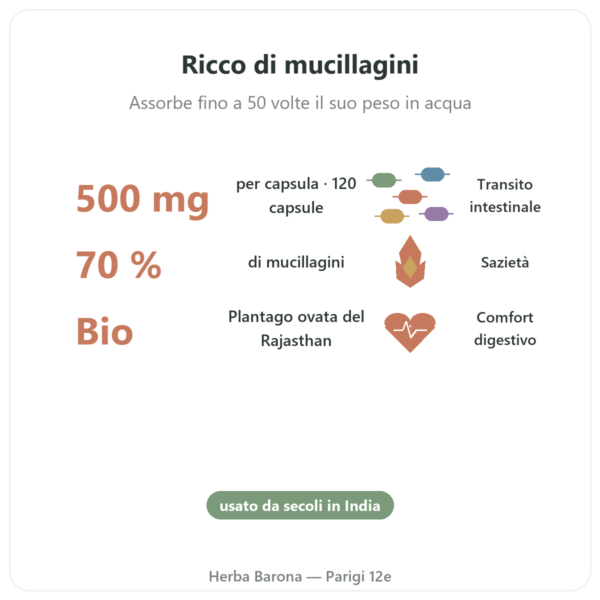 Psillio bio 500mg 120 capsule – Nature et Partage benefici e dati chiave Paris Herba Barona