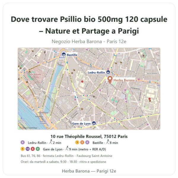 Dove trovare Psillio bio 500mg 120 capsule – Nature et Partage a Parigi - mappa del negozio Herba Barona Paris 12e