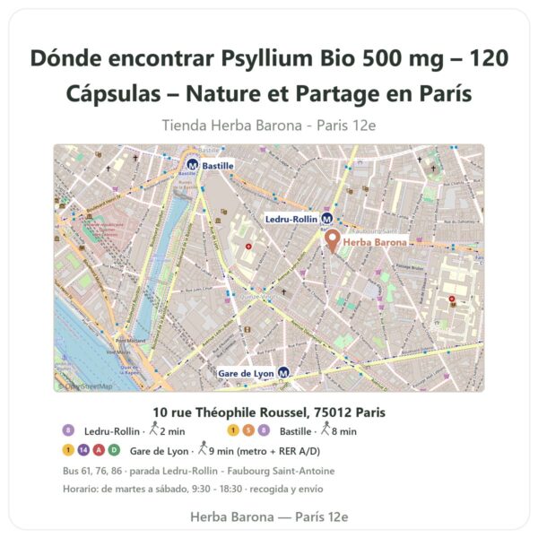 Dónde encontrar Psyllium Bio 500 mg – 120 Cápsulas – Nature et Partage en París - plano de la tienda Herba Barona Paris 12e