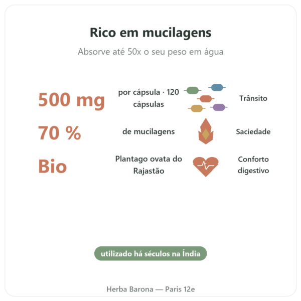 Psyllium Bio 500mg – 120 Cápsulas – Nature et Partage benefícios e dados principais Paris Herba Barona