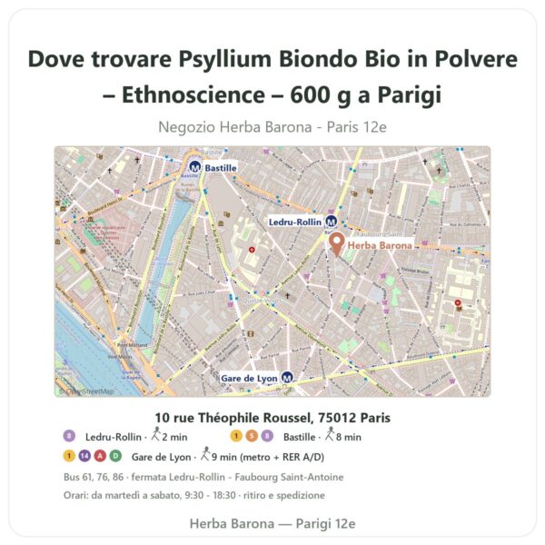 Dove trovare Psyllium Biondo Bio in Polvere – Ethnoscience – 600 g a Parigi - mappa del negozio Herba Barona Paris 12e