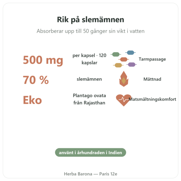 Ekologiskt Psyllium 500 mg – 120 kapslar – Nature et Partage fördelar och nyckelfakta Paris Herba Barona