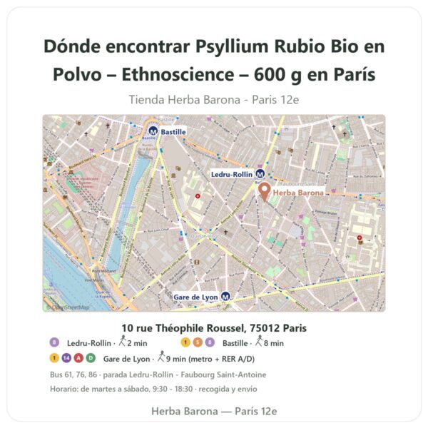 Dónde encontrar Psyllium Rubio Bio en Polvo – Ethnoscience – 600 g en París - plano de la tienda Herba Barona Paris 12e