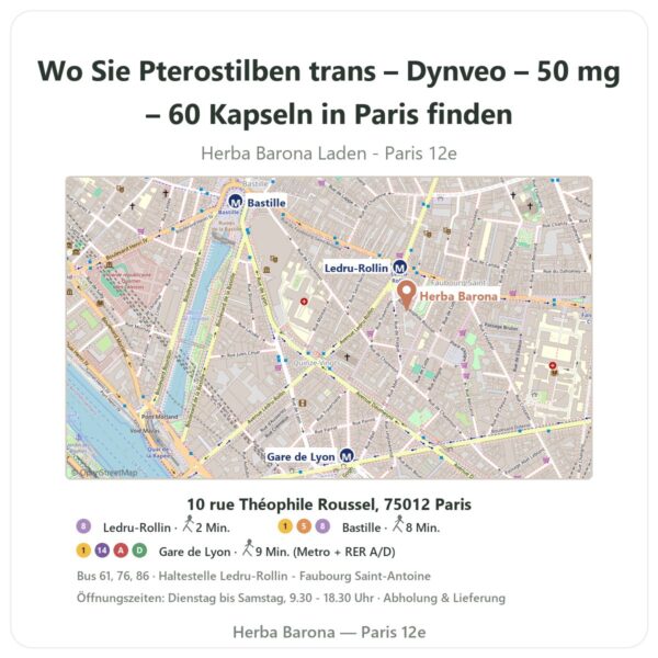 Wo finden Sie Pterostilben trans – Dynveo – 50 mg – 60 Kapseln in Paris - Ladenplan Herba Barona Paris 12e