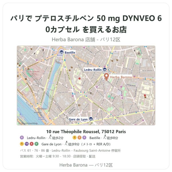 Where to find プテロスチルベン 50 mg DYNVEO 60カプセル in Paris - store map Herba Barona Paris 12e