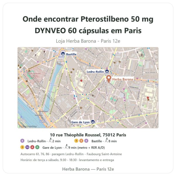 Onde encontrar Pterostilbeno 50 mg DYNVEO 60 cápsulas em Paris - mapa da loja Herba Barona Paris 12e
