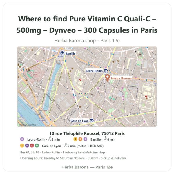 Where to find Pure Vitamin C Quali-C – 500mg – Dynveo – 300 Capsules in Paris - store map Herba Barona Paris 12e