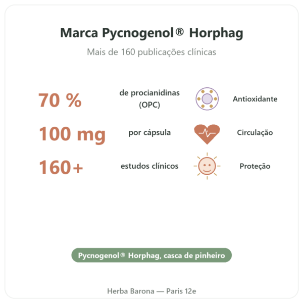 Pycnogenol Dynveo – 100 mg – 70% procianidinas (OPC) – 60 Cápsulas benefícios e dados principais Paris Herba Barona