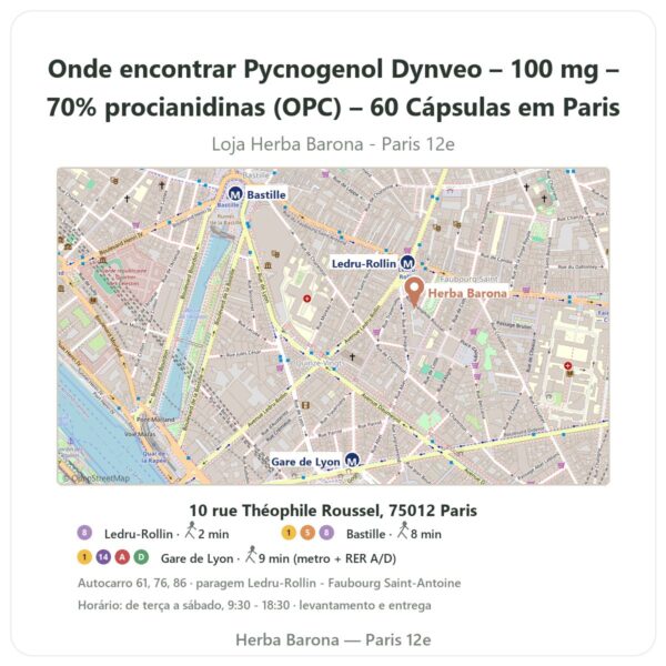 Onde encontrar Pycnogenol Dynveo – 100 mg – 70% procianidinas (OPC) – 60 Cápsulas em Paris - mapa da loja Herba Barona Paris 12e