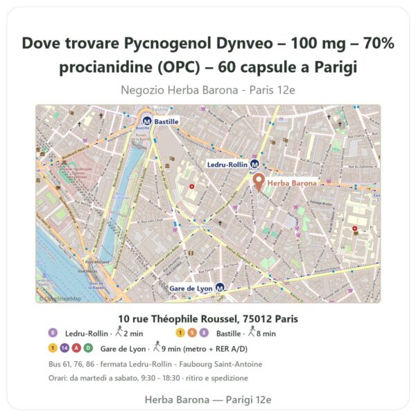 Dove trovare Pycnogenol Dynveo – 100 mg – 70% procianidine (OPC) – 60 capsule a Parigi - mappa del negozio Herba Barona Paris 12e