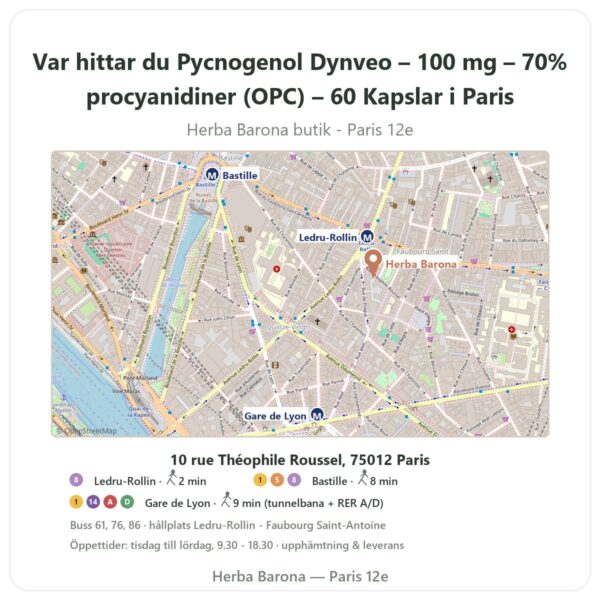 Var hittar du Pycnogenol Dynveo – 100 mg – 70% procyanidiner (OPC) – 60 Kapslar i Paris - butikskarta Herba Barona Paris 12e