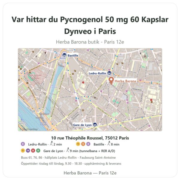 Var hittar du Pycnogenol 50 mg 60 Kapslar Dynveo i Paris - butikskarta Herba Barona Paris 12e