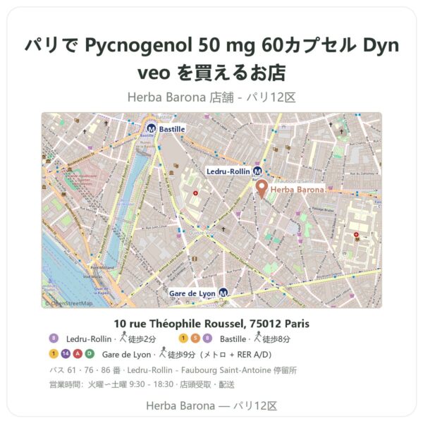 Where to find Pycnogenol 50 mg 60カプセル Dynveo in Paris - store map Herba Barona Paris 12e