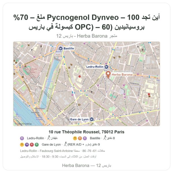 أين تجد Pycnogenol Dynveo – 100 ملغ – 70% بروسيانيدين (OPC) – 60 كبسولة في باريس - خريطة المتجر Herba Barona Paris 12e