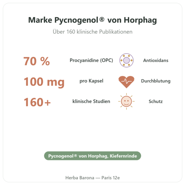 Pycnogenol® Kiefernrindenextrakt – Dynveo – 100 mg – 60 Kapseln Vorteile und Fakten Paris Herba Barona