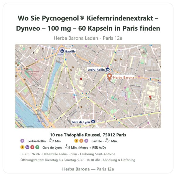 Wo finden Sie Pycnogenol® Kiefernrindenextrakt – Dynveo – 100 mg – 60 Kapseln in Paris - Ladenplan Herba Barona Paris 12e