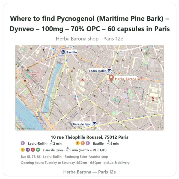 Where to find Pycnogenol (Maritime Pine Bark) – Dynveo – 100mg – 70% OPC – 60 capsules in Paris - store map Herba Barona Paris 12e