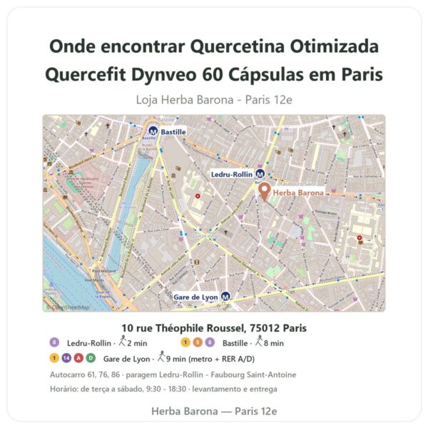 Onde encontrar Quercetina Otimizada Quercefit Dynveo 60 Cápsulas em Paris - mapa da loja Herba Barona Paris 12e