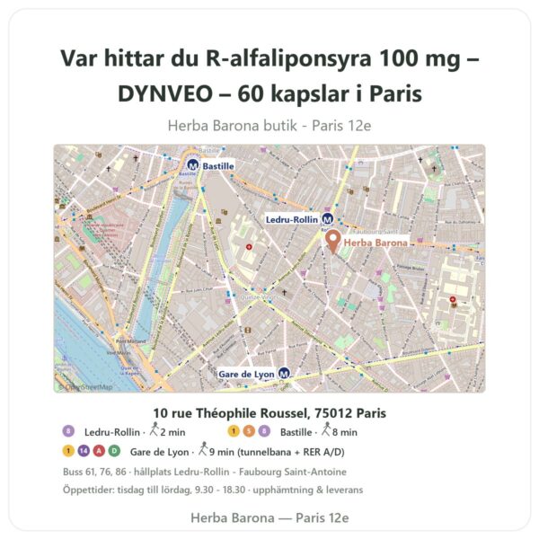 Var hittar du R-alfaliponsyra 100 mg – DYNVEO – 60 kapslar i Paris - butikskarta Herba Barona Paris 12e