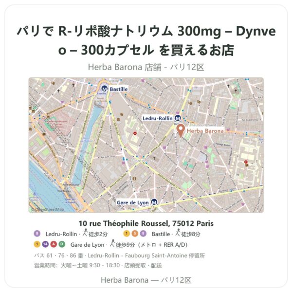 Where to find R-リポ酸ナトリウム 300mg – Dynveo – 300カプセル in Paris - store map Herba Barona Paris 12e