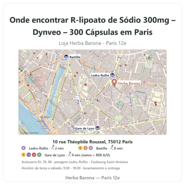 Onde encontrar R-lipoato de Sódio 300mg – Dynveo – 300 Cápsulas em Paris - mapa da loja Herba Barona Paris 12e