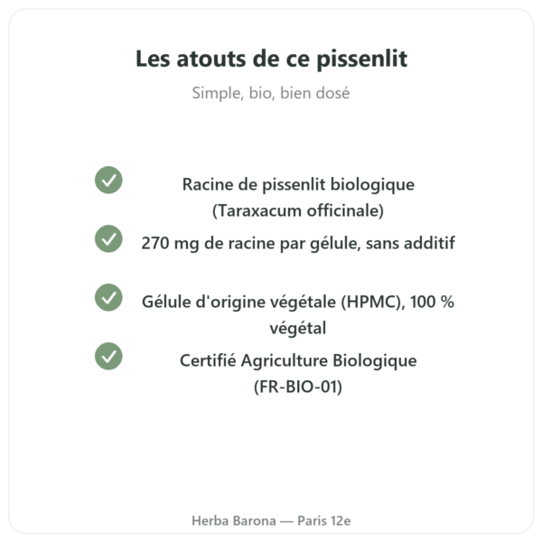 Racine de pissenlit bio Qualidiet 100 gelules atouts Paris Herba Barona