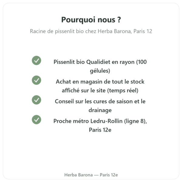 Racine de pissenlit bio Qualidiet 100 gelules pourquoi Herba Barona Paris 12e
