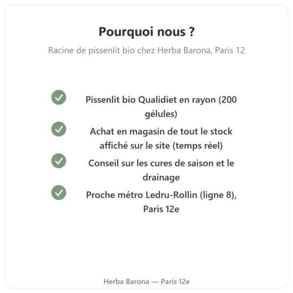 Racine de pissenlit bio Qualidiet 200 gelules pourquoi Herba Barona Paris 12e