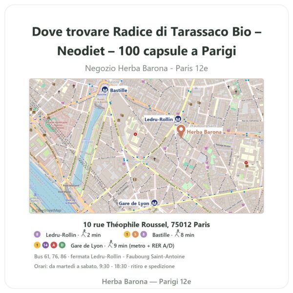 Dove trovare Radice di Tarassaco Bio – Neodiet – 100 capsule a Parigi - mappa del negozio Herba Barona Paris 12e
