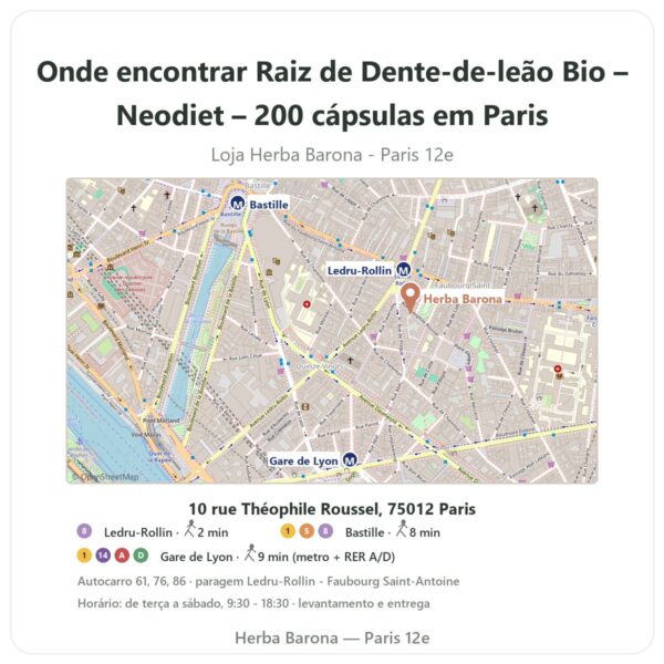 Onde encontrar Raiz de Dente-de-leão Bio – Neodiet – 200 cápsulas em Paris - mapa da loja Herba Barona Paris 12e
