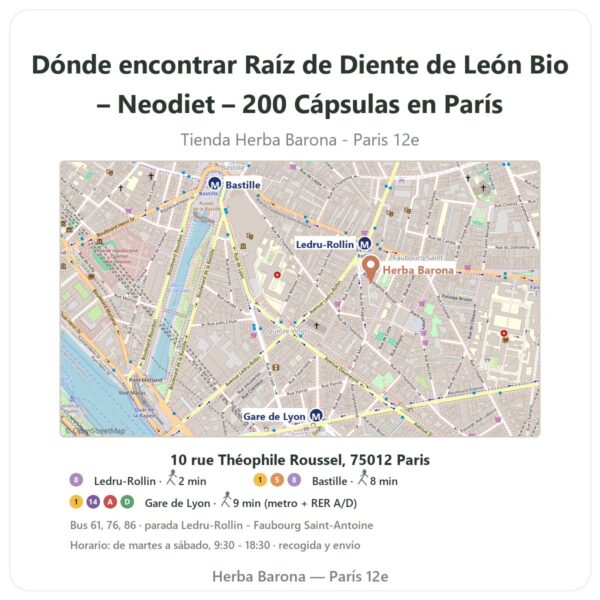 Dónde encontrar Raíz de Diente de León Bio – Neodiet – 200 Cápsulas en París - plano de la tienda Herba Barona Paris 12e