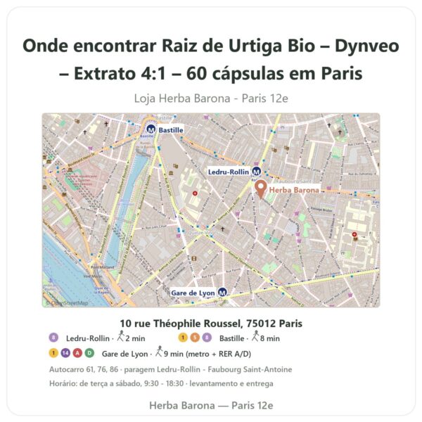 Onde encontrar Raiz de Urtiga Bio – Dynveo – Extrato 4:1 – 60 cápsulas em Paris - mapa da loja Herba Barona Paris 12e