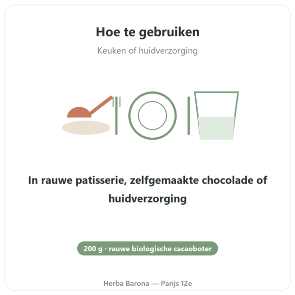 Rauwe biologische cacaoboter 200g Saldac gebruiksaanwijzing en dosering Paris Herba Barona