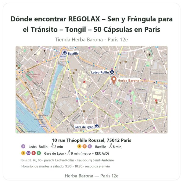 Dónde encontrar REGOLAX – Sen y Frángula para el Tránsito – Tongil – 50 Cápsulas en París - plano de la tienda Herba Barona Paris 12e