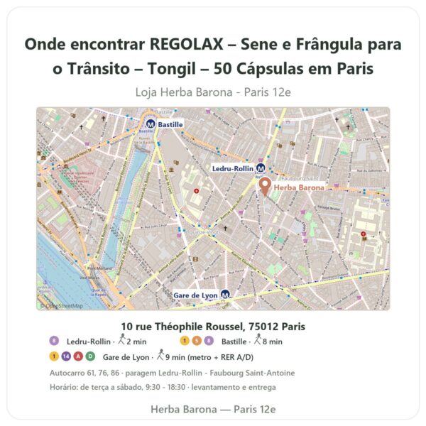 Onde encontrar REGOLAX – Sene e Frângula para o Trânsito – Tongil – 50 Cápsulas em Paris - mapa da loja Herba Barona Paris 12e