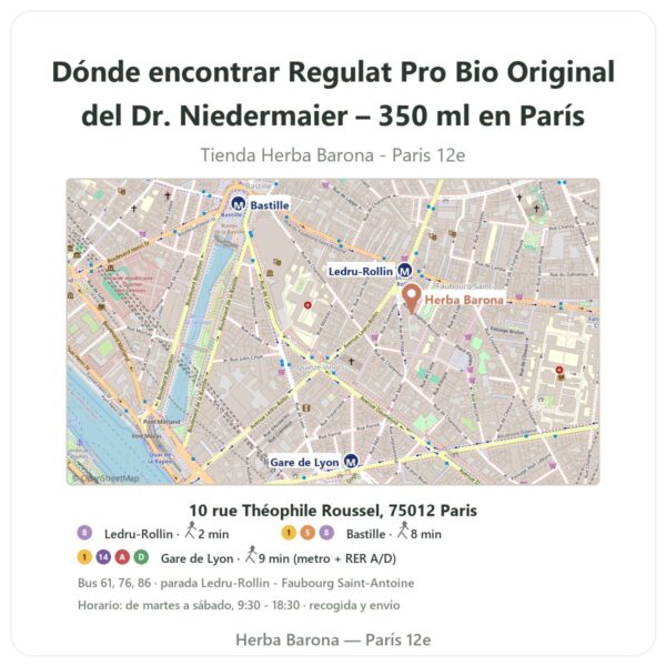 Dónde encontrar Regulat Pro Bio Original del Dr. Niedermaier – 350 ml en París - plano de la tienda Herba Barona Paris 12e
