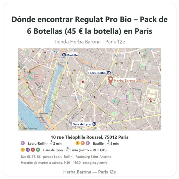 Dónde encontrar Regulat Pro Bio – Pack de 6 Botellas (45 € la botella) en París - plano de la tienda Herba Barona Paris 12e