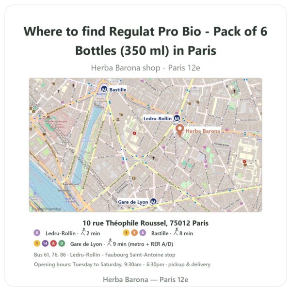 Where to find Regulat Pro Bio - Pack of 6 Bottles (350 ml) in Paris - store map Herba Barona Paris 12e