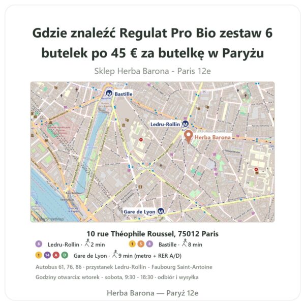 Gdzie znaleźć Regulat Pro Bio zestaw 6 butelek po 45 € za butelkę w Paryżu - mapa sklepu Herba Barona Paris 12e