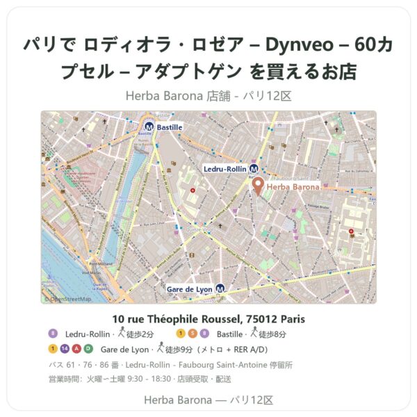 Where to find ロディオラ・ロゼア – Dynveo – 60カプセル – アダプトゲン in Paris - store map Herba Barona Paris 12e