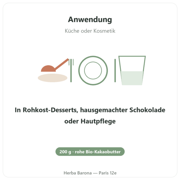 Rohe Bio-Kakaobutter 200 g – Saldac Anwendung und Dosierung Paris Herba Barona