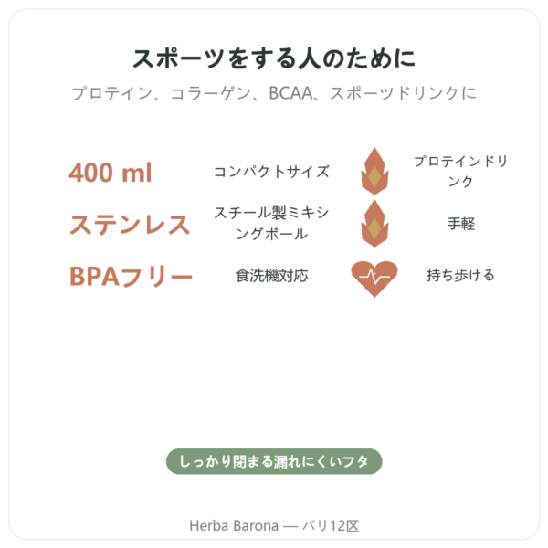 Novoma スポーツシェイカー 400 ml benefits and key facts Paris Herba Barona
