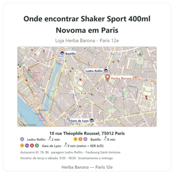 Onde encontrar Shaker Sport 400ml Novoma em Paris - mapa da loja Herba Barona Paris 12e
