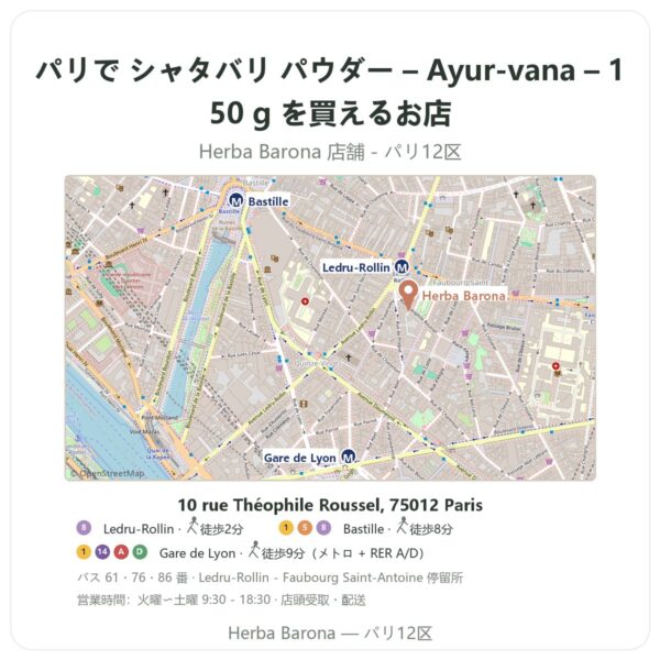 Where to find シャタバリ パウダー – Ayur-vana – 150 g in Paris - store map Herba Barona Paris 12e