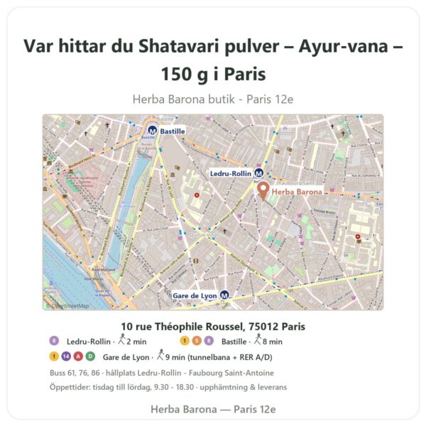 Var hittar du Shatavari pulver – Ayur-vana – 150 g i Paris - butikskarta Herba Barona Paris 12e