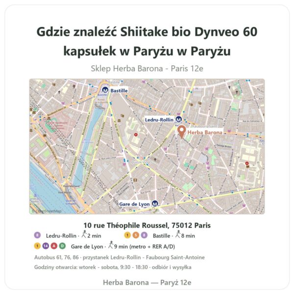 Gdzie znaleźć Shiitake bio Dynveo 60 kapsułek w Paryżu w Paryżu - mapa sklepu Herba Barona Paris 12e