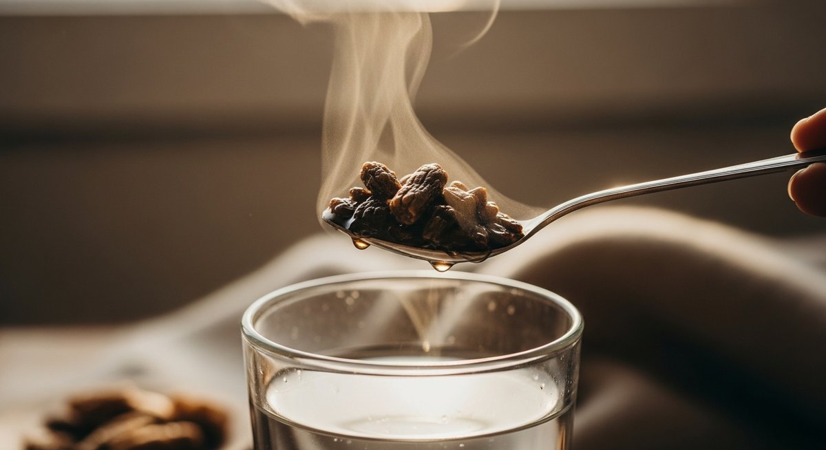 Résine de shilajit diluée dans un verre d'eau, Herba Barona Paris