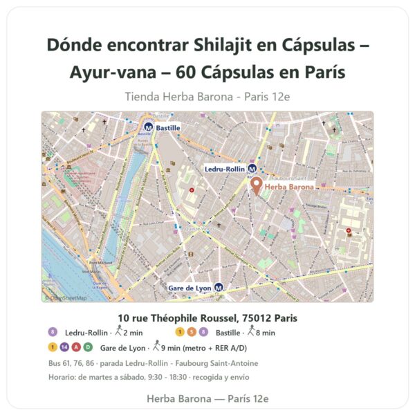 Dónde encontrar Shilajit en Cápsulas – Ayur-vana – 60 Cápsulas en París - plano de la tienda Herba Barona Paris 12e